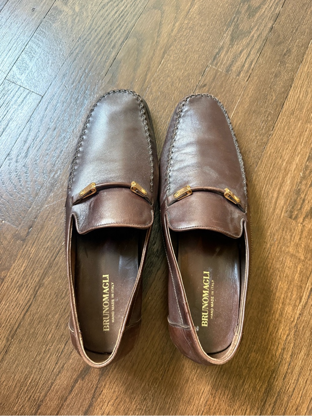 Bruno Magli Brown Leather Slip-On Loafers with Gold Bit